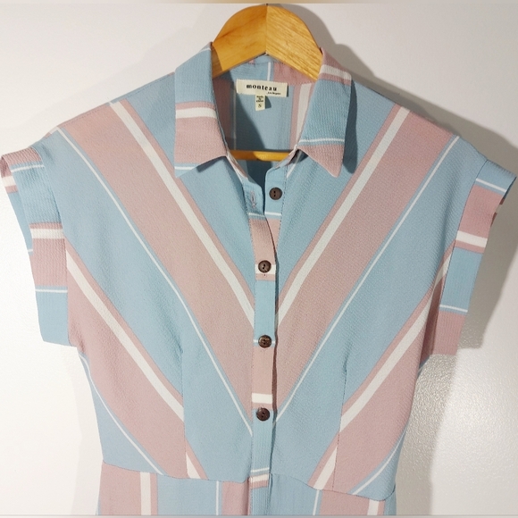 MONTEAU Blue&Pink Pastel Collard TShirt Midi Dress Wood  Buttons - Picture 3 of 8